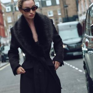 ZARA Fur Collar Black Wool Coat NWT